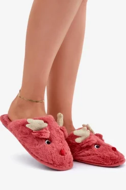 Kapcie Świąteczne Z Motywem Renifera Futrzane Koralowe Asielle