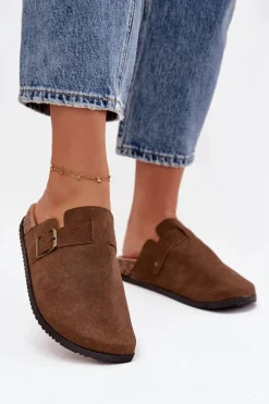 Klapki Chodaki Damskie i Na Platformie Z Klamrą Brązowe Selio