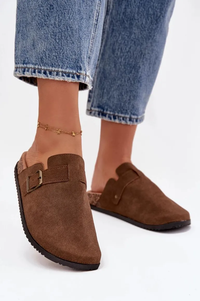 Klapki Chodaki Damskie i Na Platformie Z Klamrą Brązowe Selio