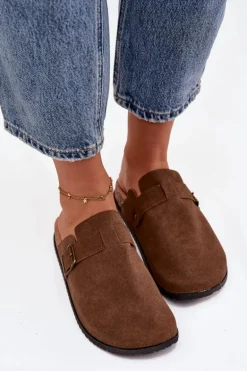 Klapki Chodaki Damskie i Na Platformie Z Klamrą Brązowe Selio