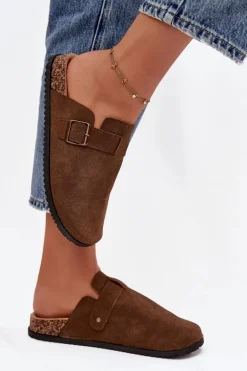 Klapki Chodaki Damskie i Na Platformie Z Klamrą Brązowe Selio