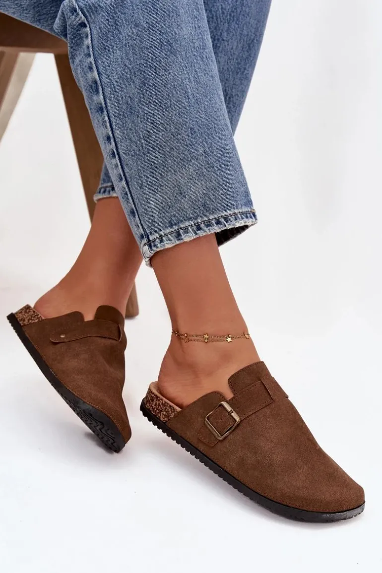 Klapki Chodaki Damskie i Na Platformie Z Klamrą Brązowe Selio