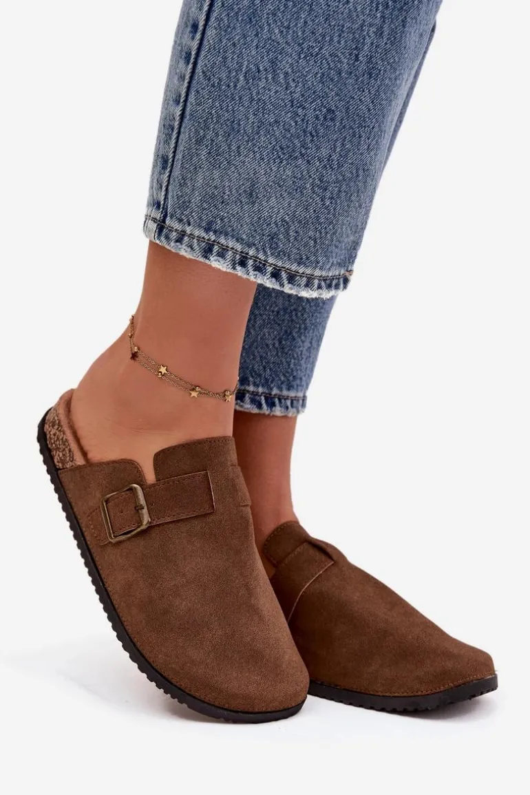 Klapki Chodaki Damskie i Na Platformie Z Klamrą Brązowe Selio