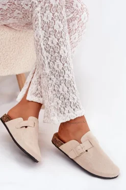 Klapki Chodaki Damskie i Na Korkowej Platformie Z Klamrą Jasnobeżowe Klarae