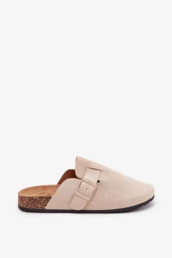 Klapki Chodaki Damskie i Na Korkowej Platformie Z Klamrą Jasnobeżowe Klarae