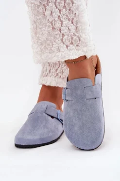 Klapki Chodaki Damskie i Na Korkowej Platformie Z Klamrą Niebieskie Klarae