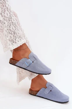 Klapki Chodaki Damskie i Na Korkowej Platformie Z Klamrą Niebieskie Klarae