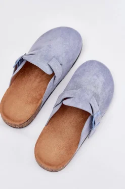 Klapki Chodaki Damskie i Na Korkowej Platformie Z Klamrą Niebieskie Klarae