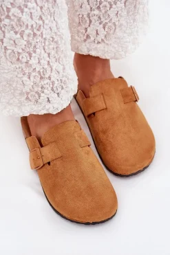 Klapki Chodaki Damskie i Na Korkowej Platformie Z Klamrą Camel Klarae