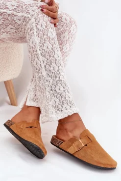 Klapki Chodaki Damskie i Na Korkowej Platformie Z Klamrą Camel Klarae