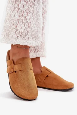 Klapki Chodaki Damskie i Na Korkowej Platformie Z Klamrą Camel Klarae