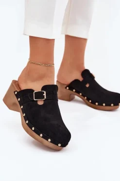 Klapki Chodaki Damskie Na Obcasie Z Klamrą Czarne Veldexina