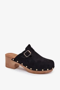 Klapki Chodaki Damskie Na Obcasie Z Klamrą Czarne Veldexina