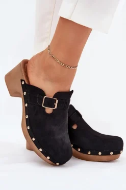 Klapki Chodaki Damskie Na Obcasie Z Klamrą Czarne Veldexina