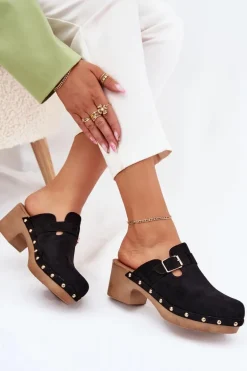 Klapki Chodaki Damskie Na Obcasie Z Klamrą Czarne Veldexina