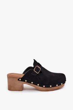 Klapki Chodaki Damskie Na Obcasie Z Klamrą Czarne Veldexina