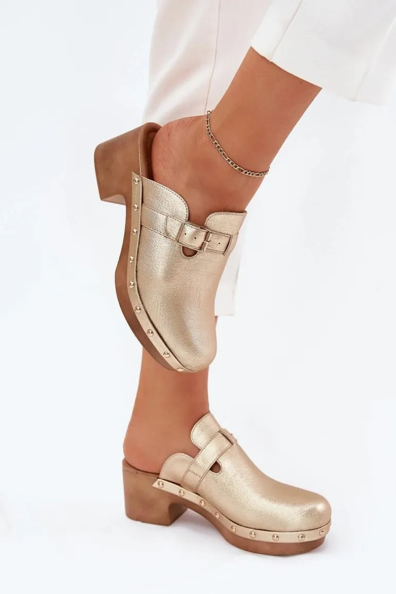 Klapki Chodaki Damskie Na Obcasie Z Klamrą Złote Veldexina