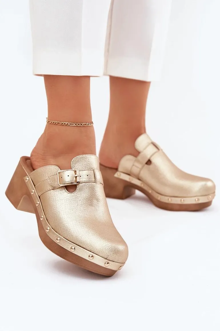 Klapki Chodaki Damskie Na Obcasie Z Klamrą Złote Veldexina