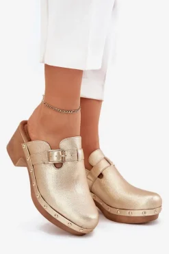 Klapki Chodaki Damskie Na Obcasie Z Klamrą Złote Veldexina