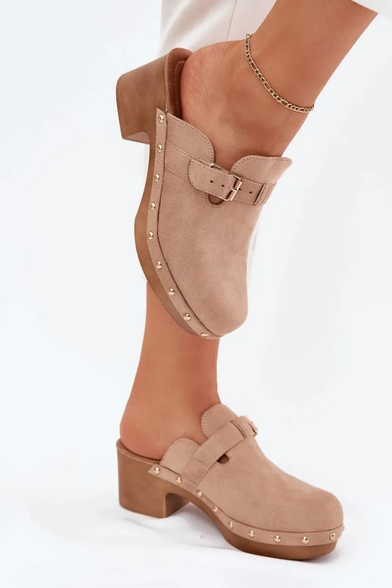 Klapki Chodaki Damskie Na Obcasie Z Klamrą Beżowe Veldexina