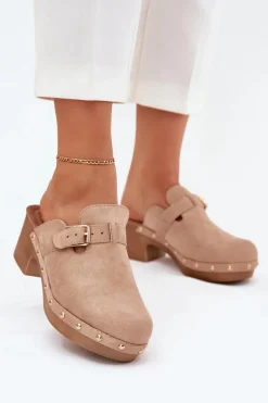 Klapki Chodaki Damskie Na Obcasie Z Klamrą Beżowe Veldexina