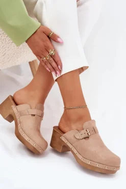 Klapki Chodaki Damskie Na Obcasie Z Klamrą Beżowe Veldexina