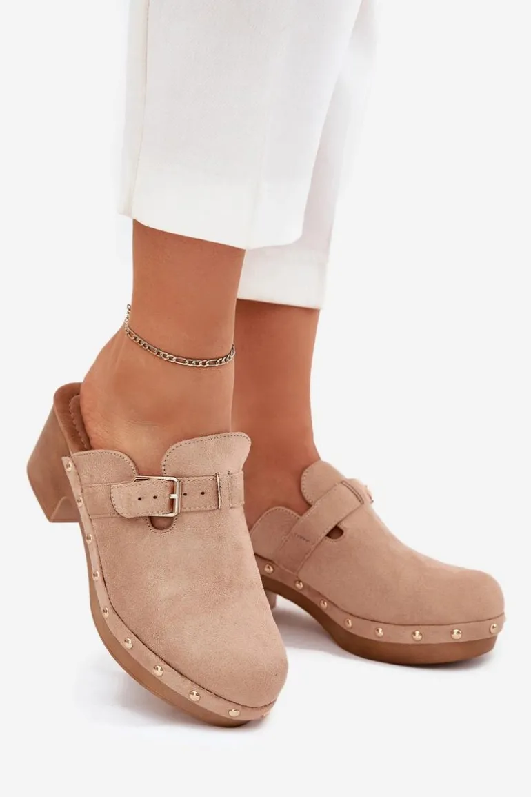 Klapki Chodaki Damskie Na Obcasie Z Klamrą Beżowe Veldexina