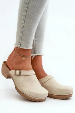 Klapki Chodaki Damskie Na Niskim Obcasie Inblu BL000004 Beżowe