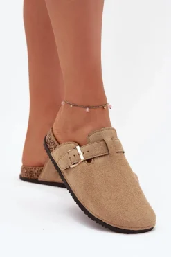 Klapki Chodaki Damskie Na Korkowej Platformie Ze Złotą Klamrą Big Star SS274738 Beżowe