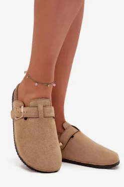 Klapki Chodaki Damskie Na Korkowej Platformie Ze Złotą Klamrą Big Star SS274738 Beżowe