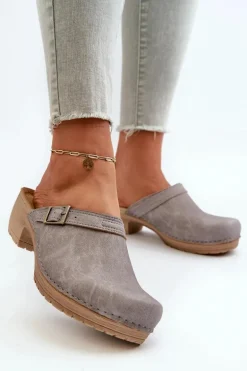 Klapki Chodaki Damskie Na Niskim Obcasie Inblu BL000004 Szare