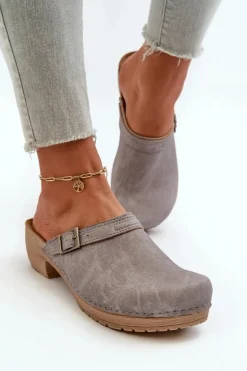 Klapki Chodaki Damskie Na Niskim Obcasie Inblu BL000004 Szare