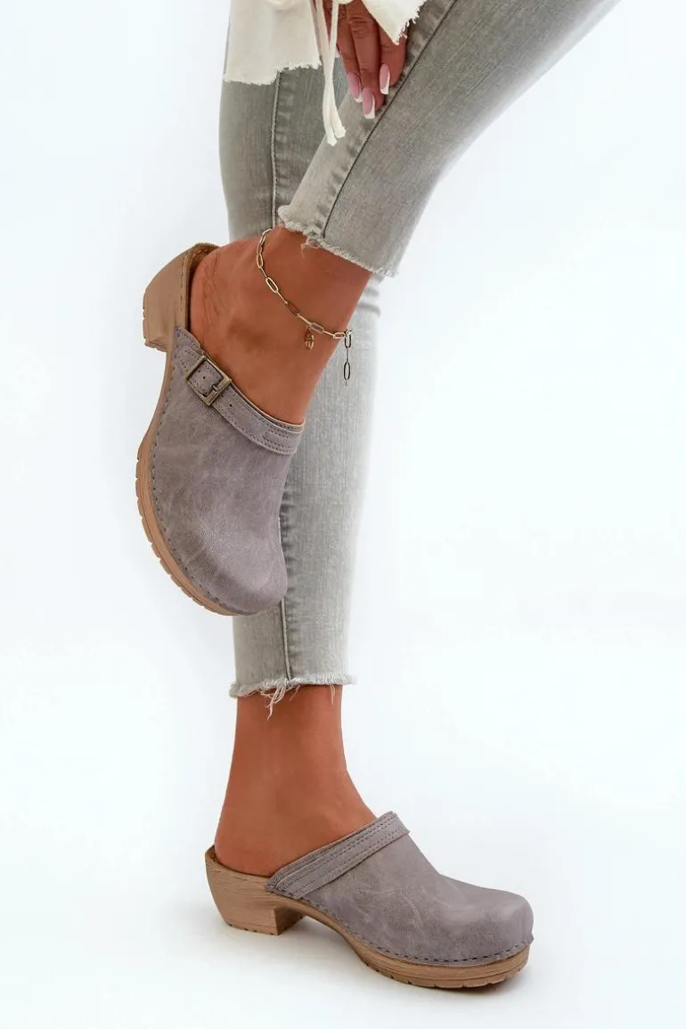 Klapki Chodaki Damskie Na Niskim Obcasie Inblu BL000004 Szare