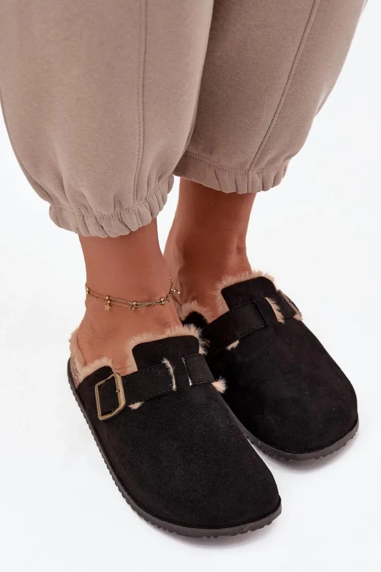 Klapki Chodaki Damskie Ocieplane Futerkiem Z Klamrą Czarne Sylisse