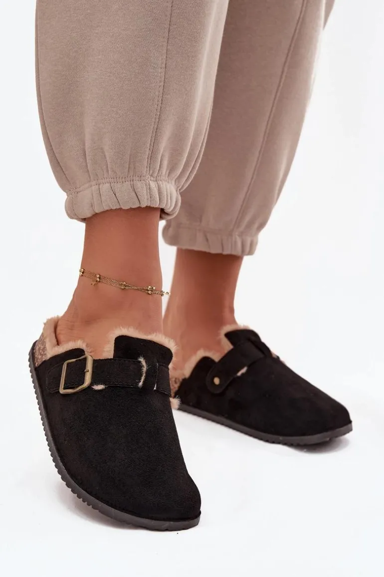 Klapki Chodaki Damskie Ocieplane Futerkiem Z Klamrą Czarne Sylisse