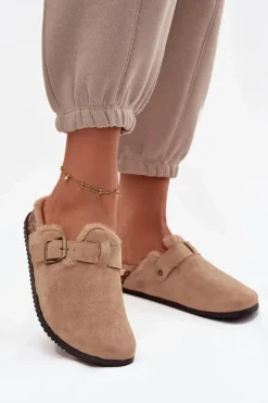 Klapki Chodaki Damskie Ocieplane Futerkiem Z Klamrą Beżowe Sylisse