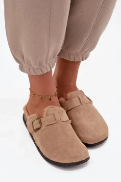 Klapki Chodaki Damskie Ocieplane Futerkiem Z Klamrą Beżowe Sylisse