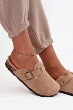 Klapki Chodaki Damskie Ocieplane Futerkiem Z Klamrą Beżowe Sylisse