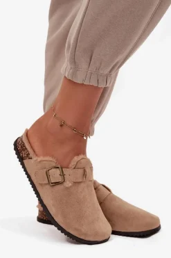 Klapki Chodaki Damskie Ocieplane Futerkiem Z Klamrą Beżowe Sylisse