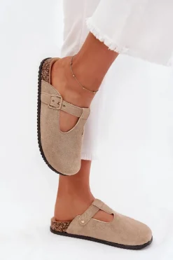 Klapki Chodaki Damskie Ze Złotą Klamrą Beżowe Lirina