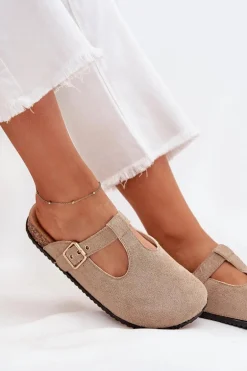 Klapki Chodaki Damskie Ze Złotą Klamrą Beżowe Lirina