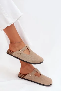 Klapki Chodaki Damskie Ze Złotą Klamrą Beżowe Lirina