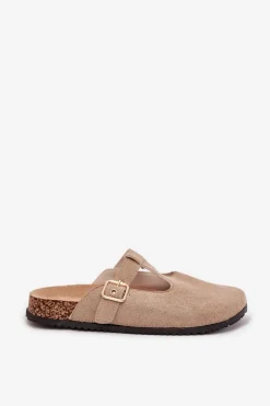 Klapki Chodaki Damskie Ze Złotą Klamrą Beżowe Lirina