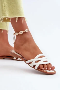 Klapki Damskie Eko Skórzane Na Płaskim Obcasie Białe Moldela