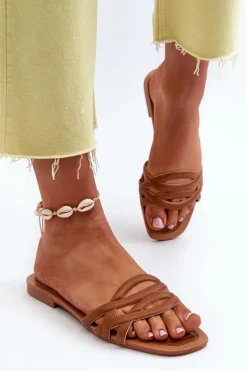 Klapki Damskie Eko Skórzane Na Płaskim Obcasie Brązowe Moldela