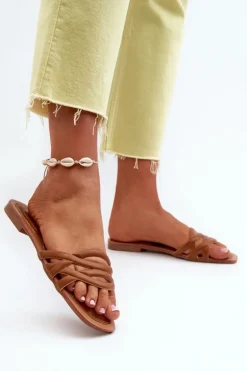 Klapki Damskie Eko Skórzane Na Płaskim Obcasie Brązowe Moldela