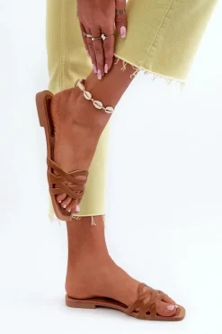 Klapki Damskie Eko Skórzane Na Płaskim Obcasie Brązowe Moldela