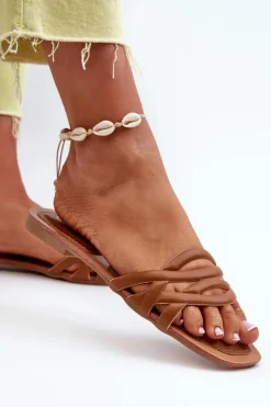 Klapki Damskie Eko Skórzane Na Płaskim Obcasie Brązowe Moldela