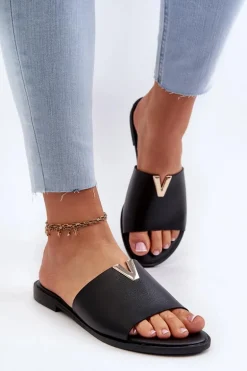 Klapki Damskie Eko Skórzane Na Płaskim Obcasie Czarne Maliha