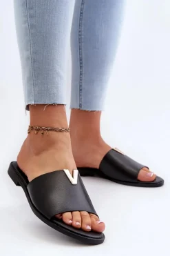 Klapki Damskie Eko Skórzane Na Płaskim Obcasie Czarne Maliha